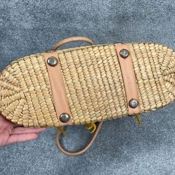 VTG Handmade Ornate Wicker Leather Handles Large Handbag Basket Metal Clasp - Picture 8 of 8